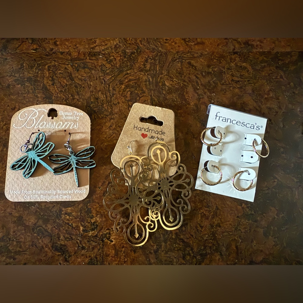 Brand New, Never Worn Earring Trio - Goldtone & Wood Dragonfly